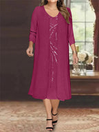Plus Size Mother Of The Bride Dress With Jacket And Sequins V Neck Tea Length