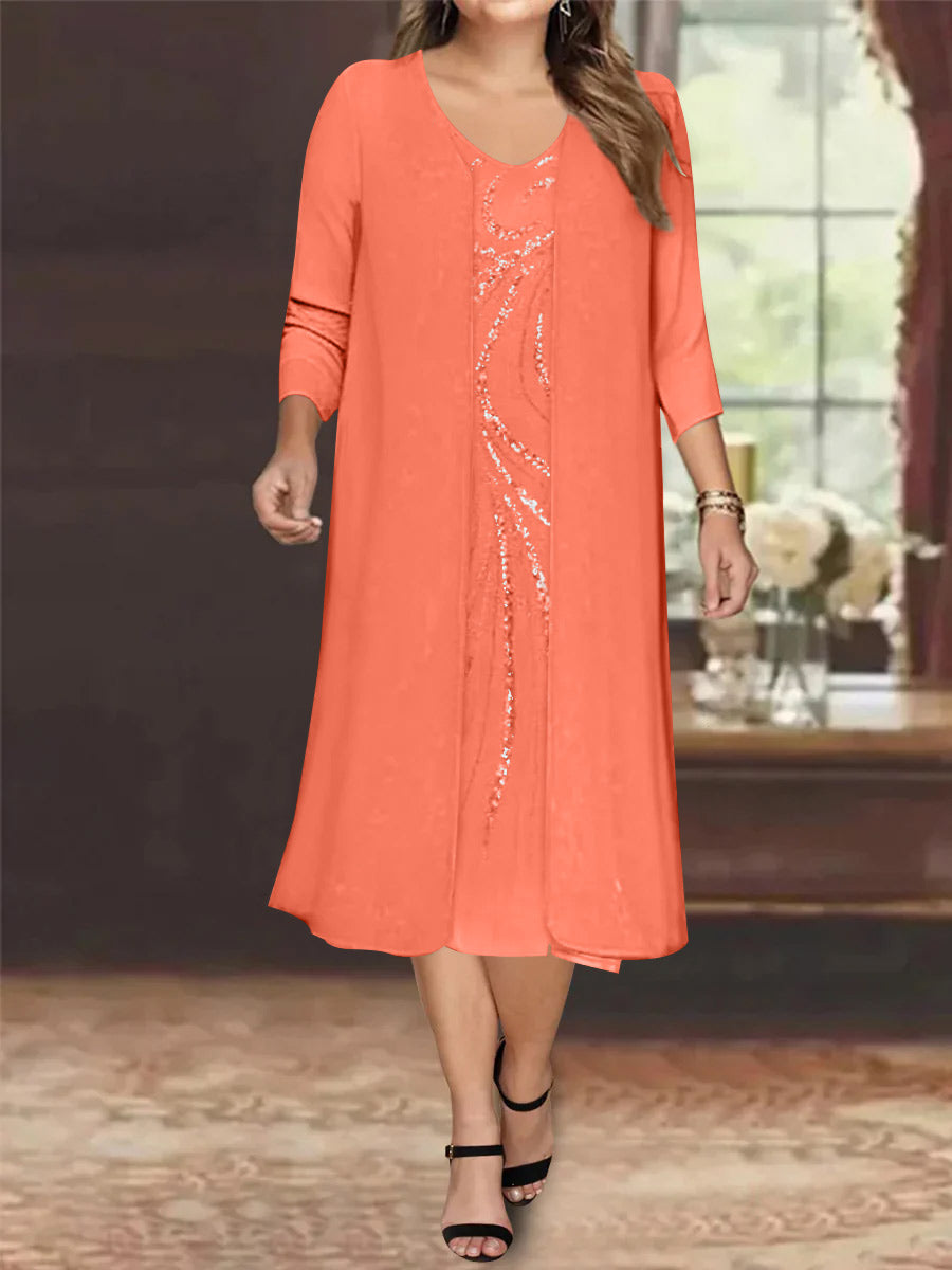 Plus Size Mother Of The Bride Dress With Jacket And Sequins V Neck Tea Length