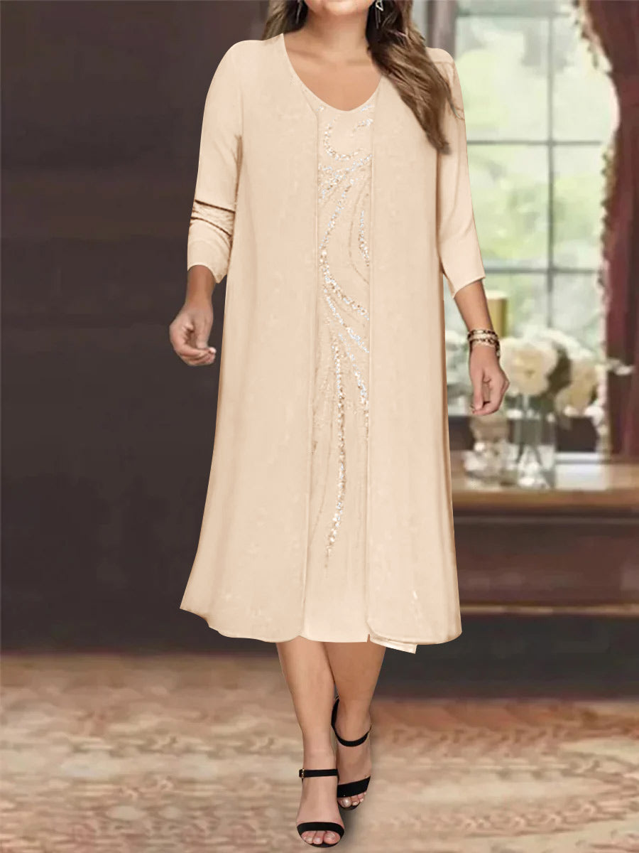 Plus Size Mother Of The Bride Dress With Jacket And Sequins V Neck Tea Length