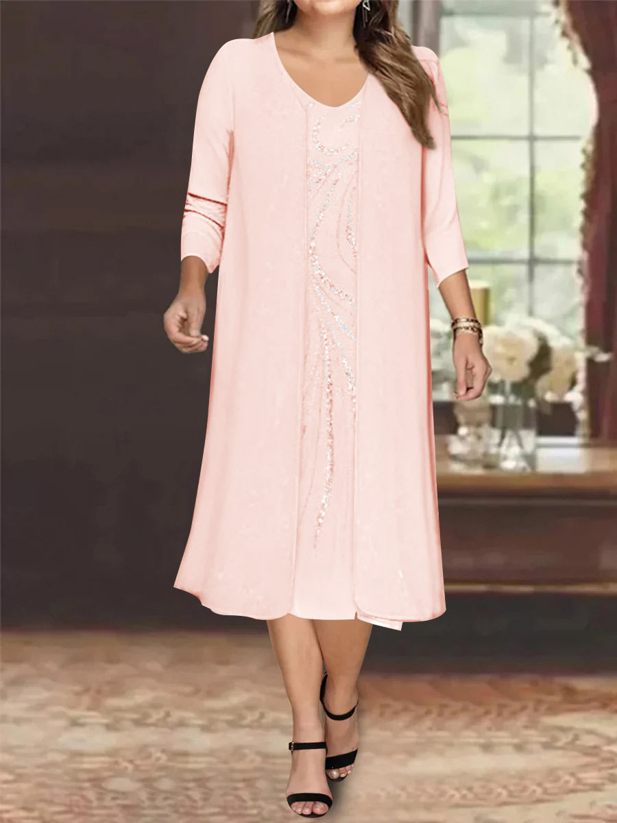 Plus Size Mother Of The Bride Dress With Jacket And Sequins V Neck Tea Length