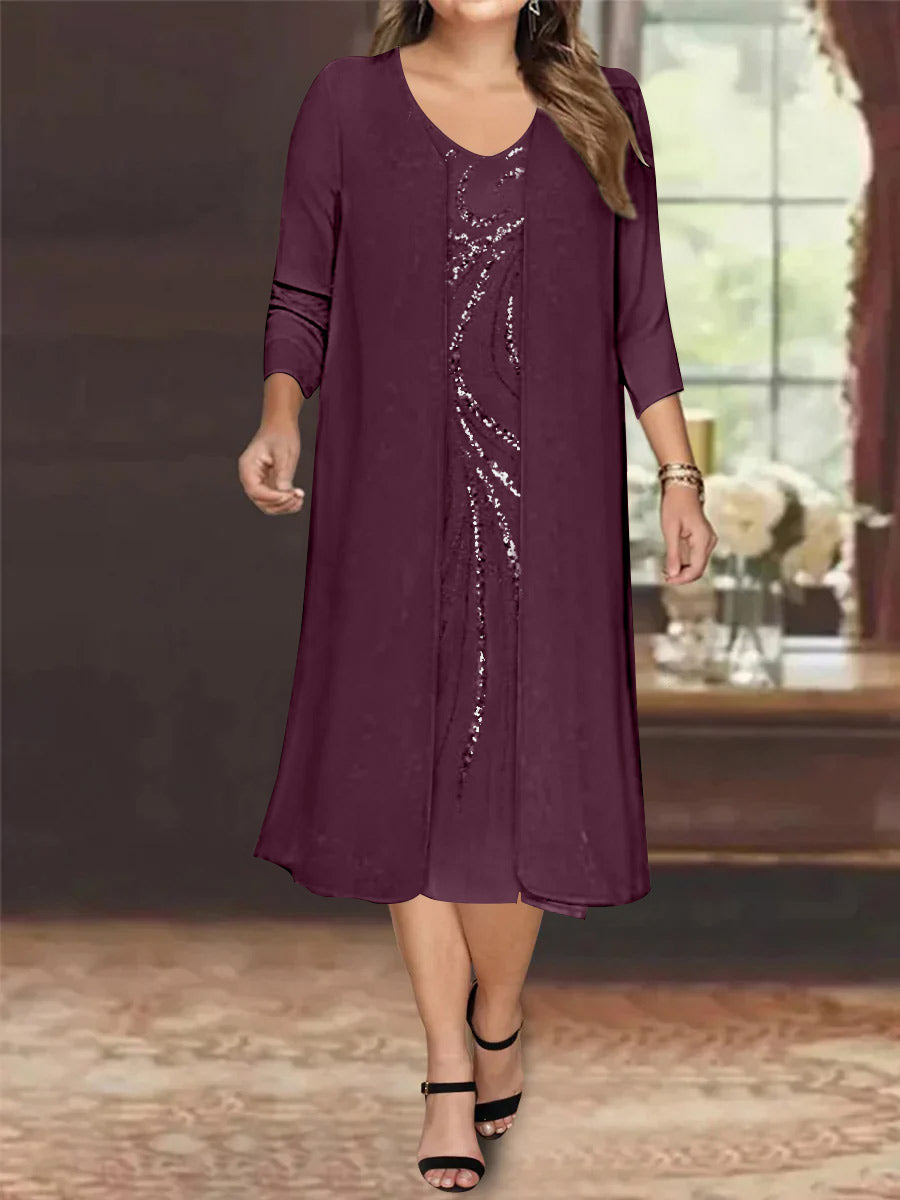 Plus Size Mother Of The Bride Dress With Jacket And Sequins V Neck Tea Length