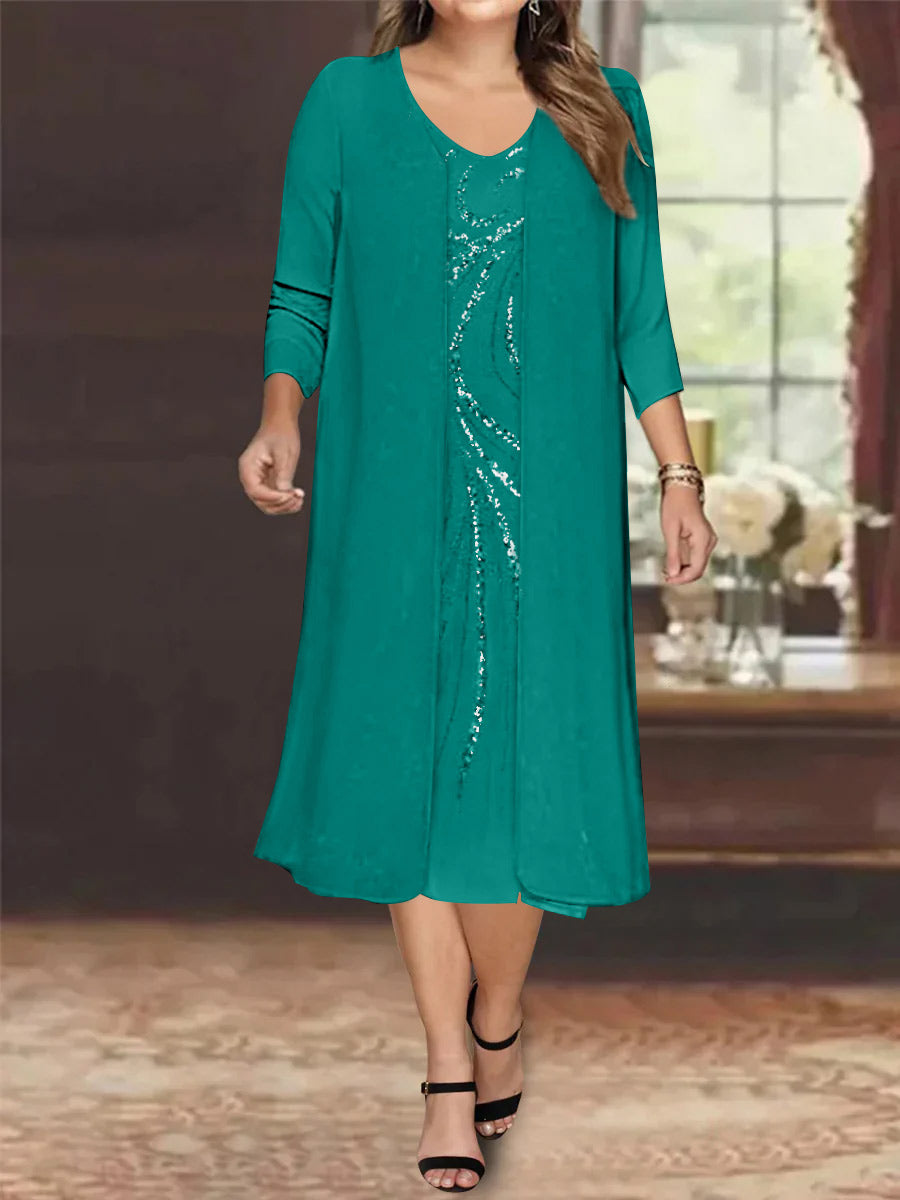 Plus Size Mother Of The Bride Dress With Jacket And Sequins V Neck Tea Length