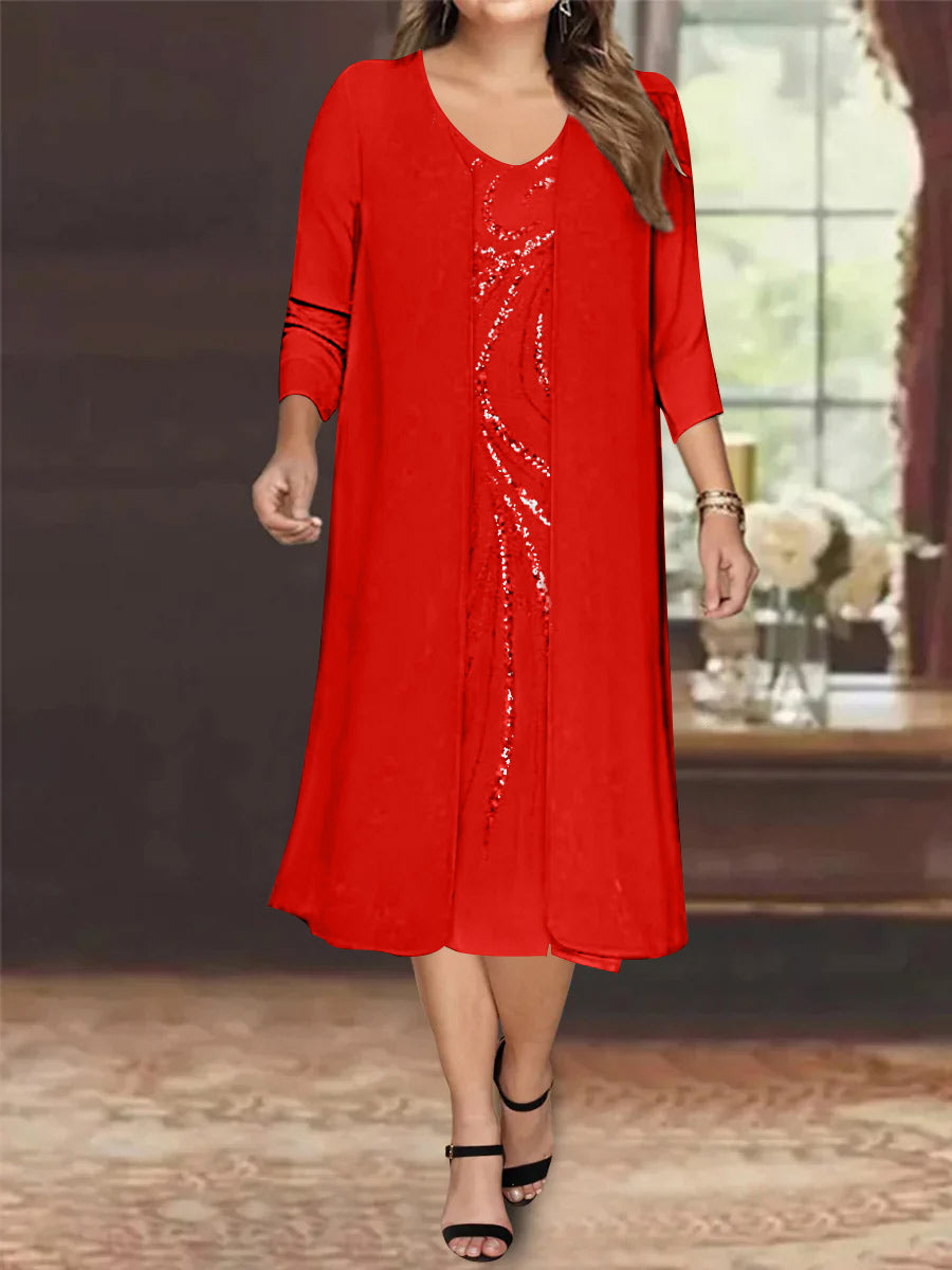 Plus Size Mother Of The Bride Dress With Jacket And Sequins V Neck Tea Length