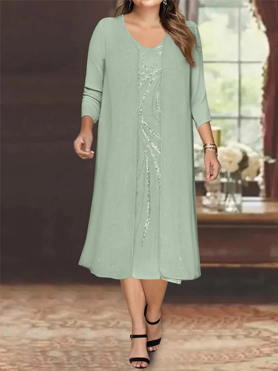 Plus Size Mother Of The Bride Dress With Jacket And Sequins V Neck Tea Length
