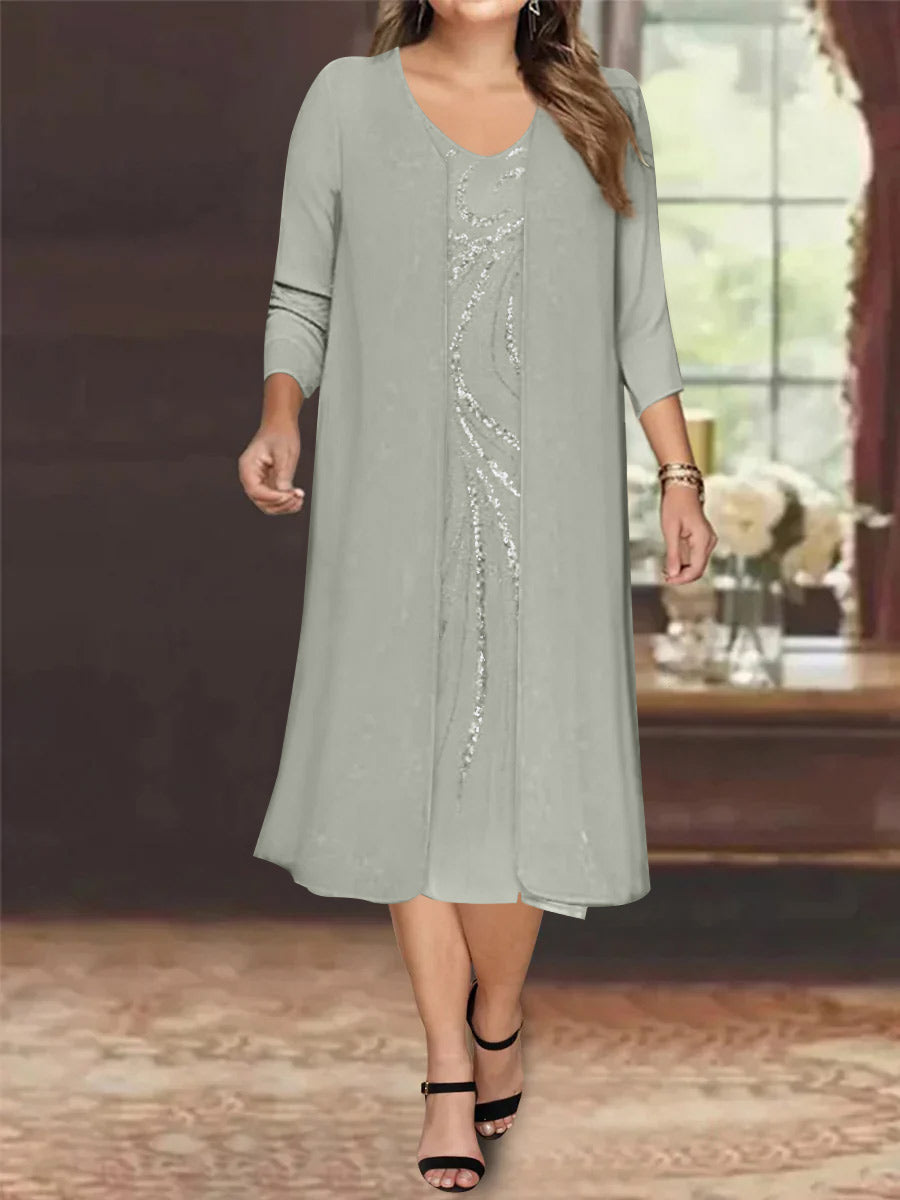 Plus Size Mother Of The Bride Dress With Jacket And Sequins V Neck Tea Length