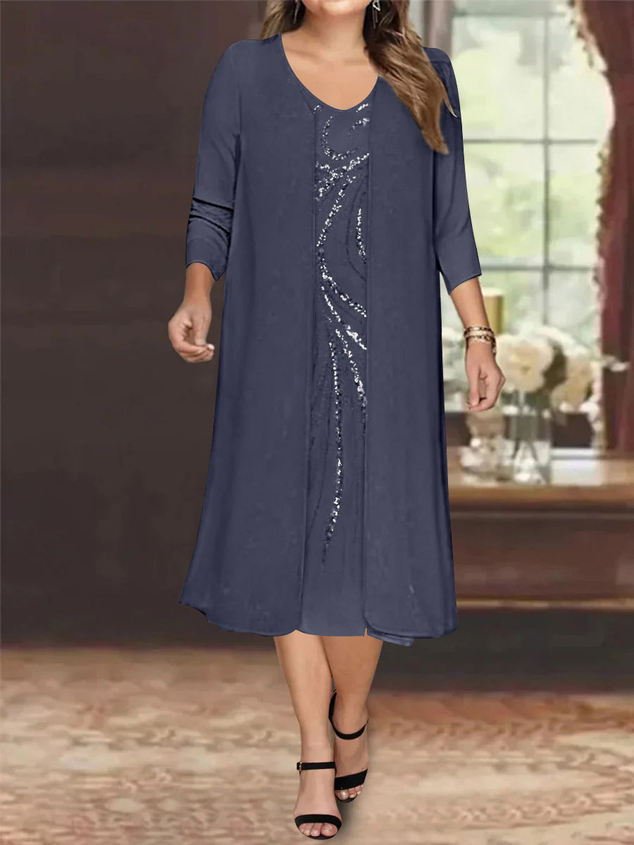 Plus Size Mother Of The Bride Dress With Jacket And Sequins V Neck Tea Length