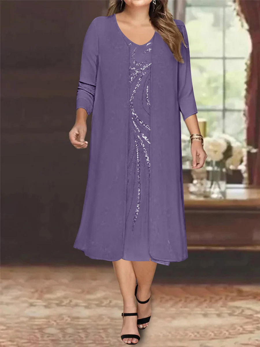 Plus Size Mother Of The Bride Dress With Jacket And Sequins V Neck Tea Length