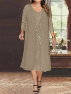 Plus Size Mother Of The Bride Dress With Jacket And Sequins V Neck Tea Length