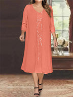Plus Size Mother Of The Bride Dress With Jacket And Sequins V Neck Tea Length