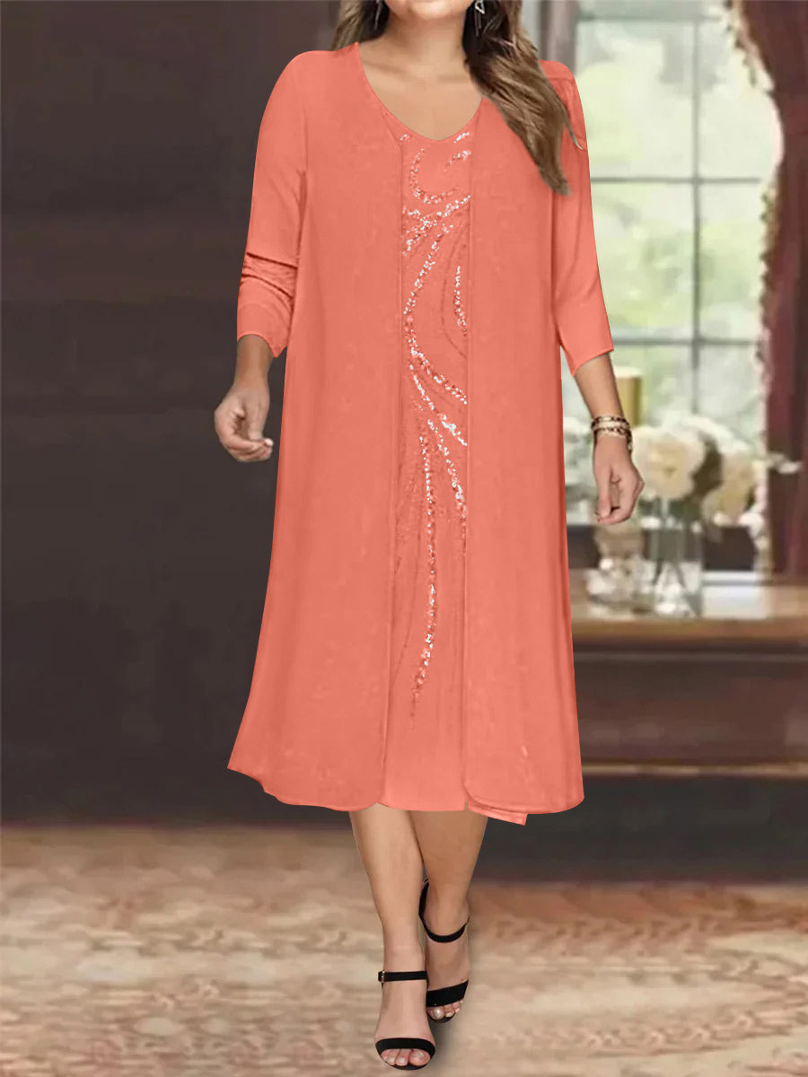 Plus Size Mother Of The Bride Dress With Jacket And Sequins V Neck Tea Length