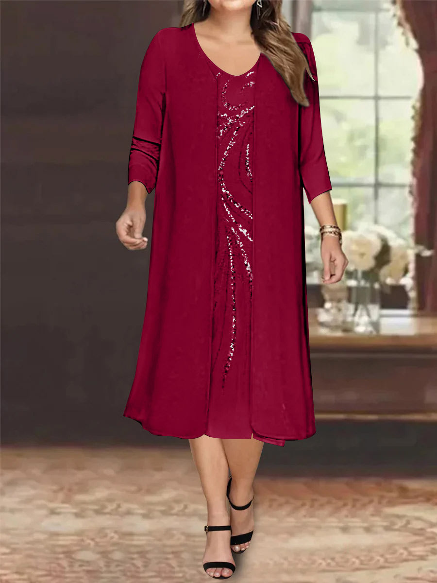 Plus Size Mother Of The Bride Dress With Jacket And Sequins V Neck Tea Length