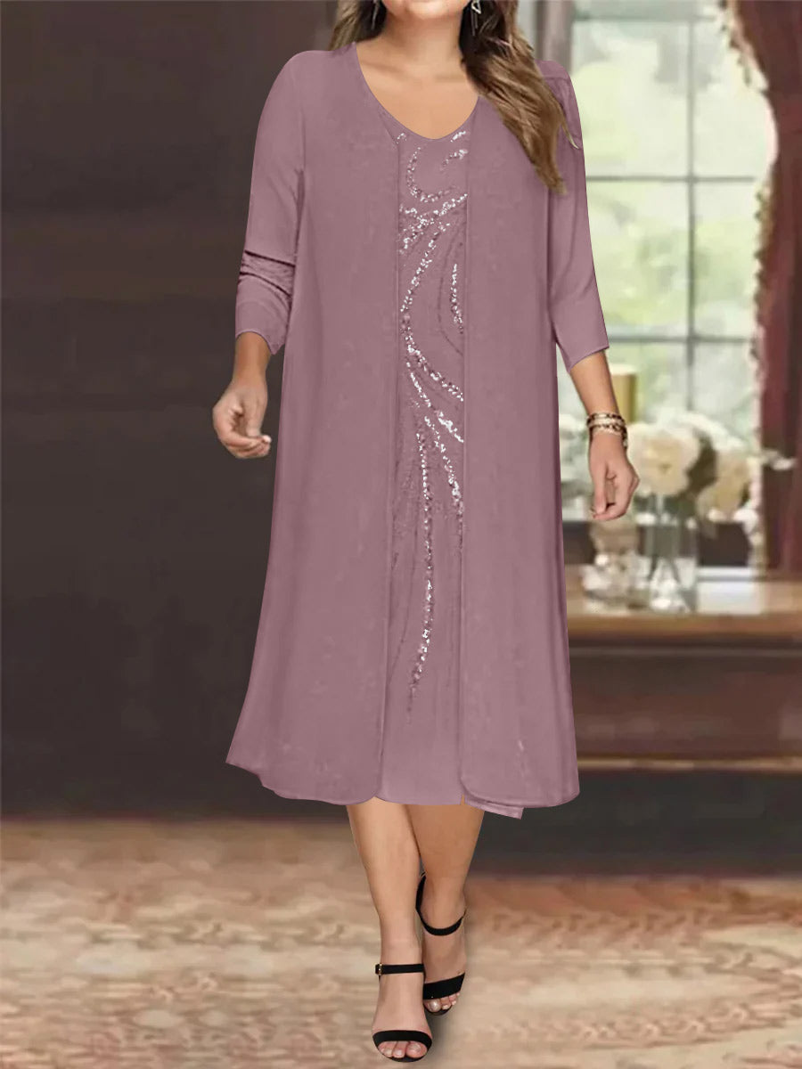 Plus Size Mother Of The Bride Dress With Jacket And Sequins V Neck Tea Length