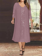 Plus Size Mother Of The Bride Dress With Jacket And Sequins V Neck Tea Length