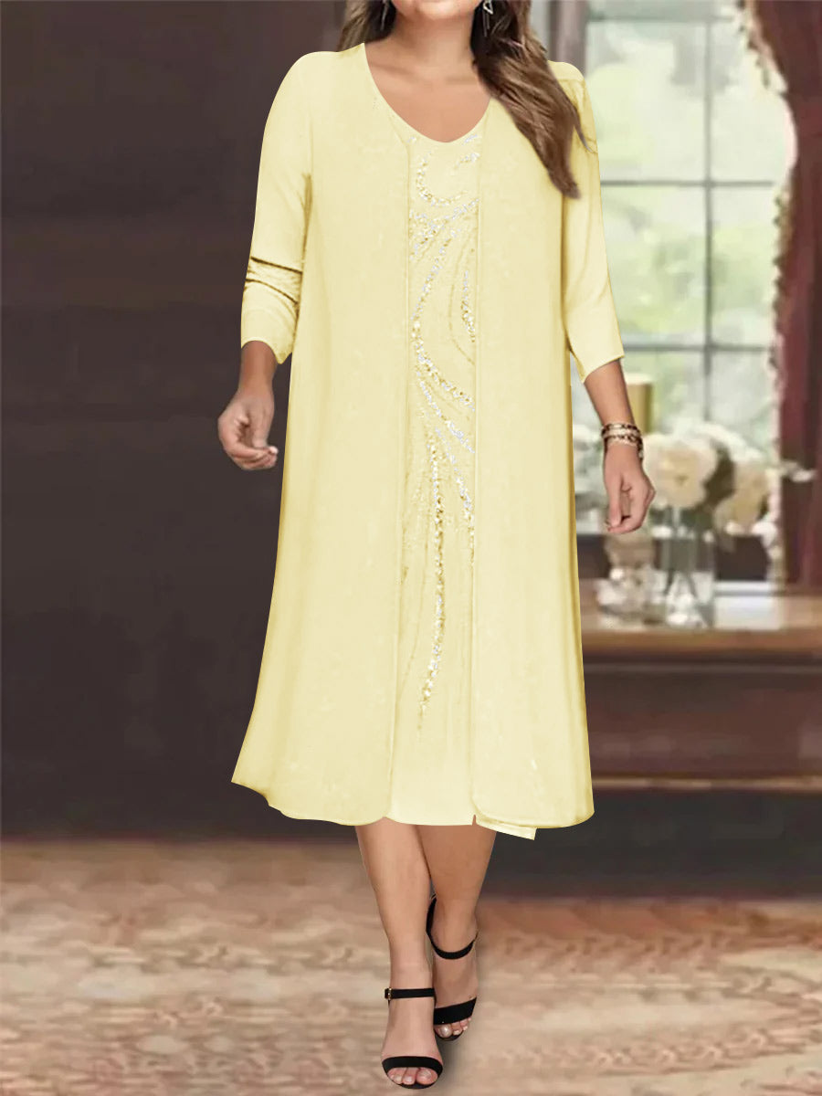 Plus Size Mother Of The Bride Dress With Jacket And Sequins V Neck Tea Length