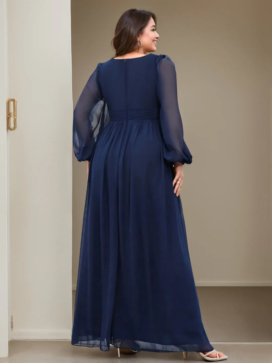 Floor Length V Neck A Line Princess Gown With Ruffles For Mother Of The Bride