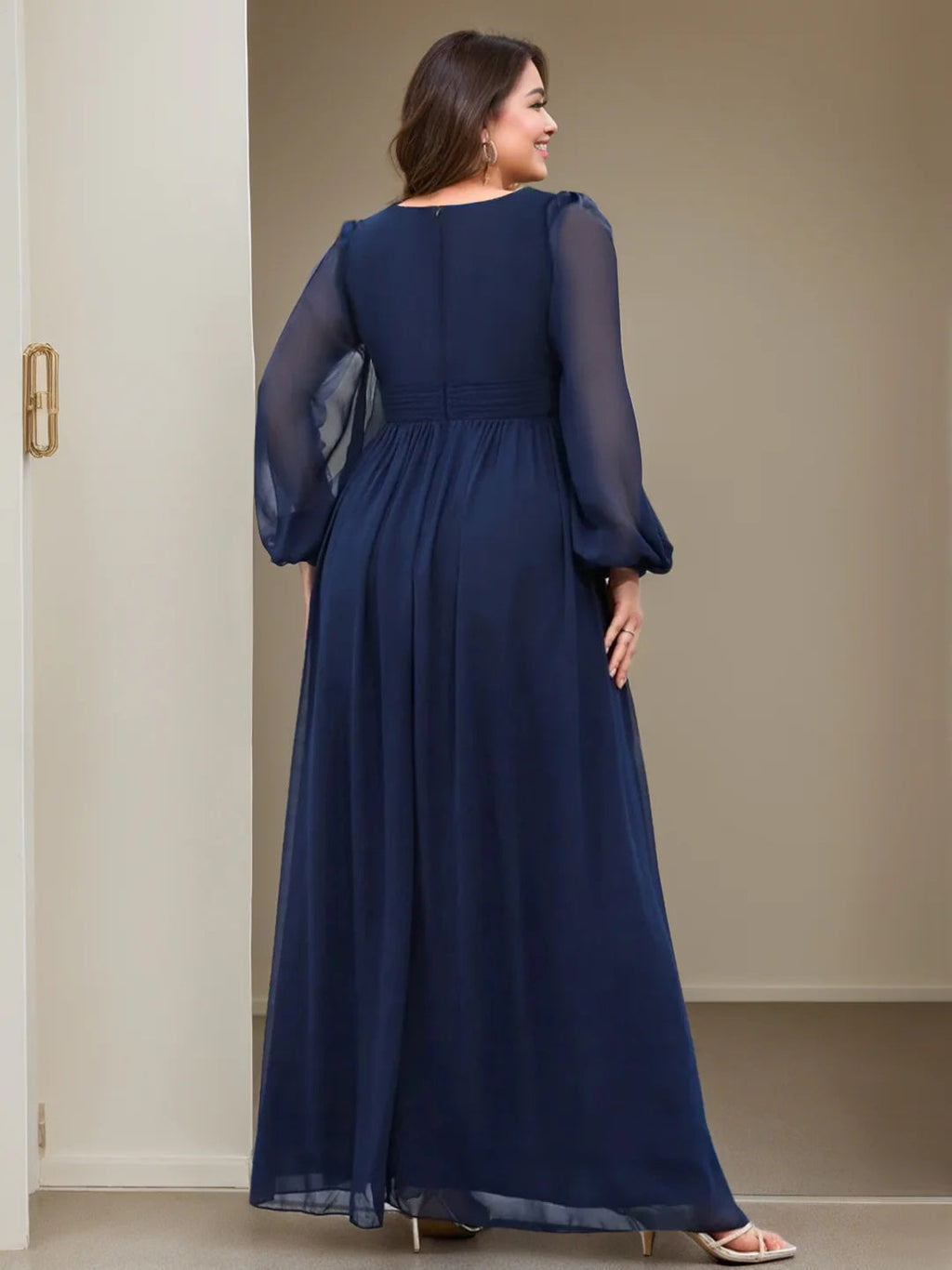 Plus Size Floor Length Mother Of The Bride A Line Dress V Neck Ruffled Sleeves