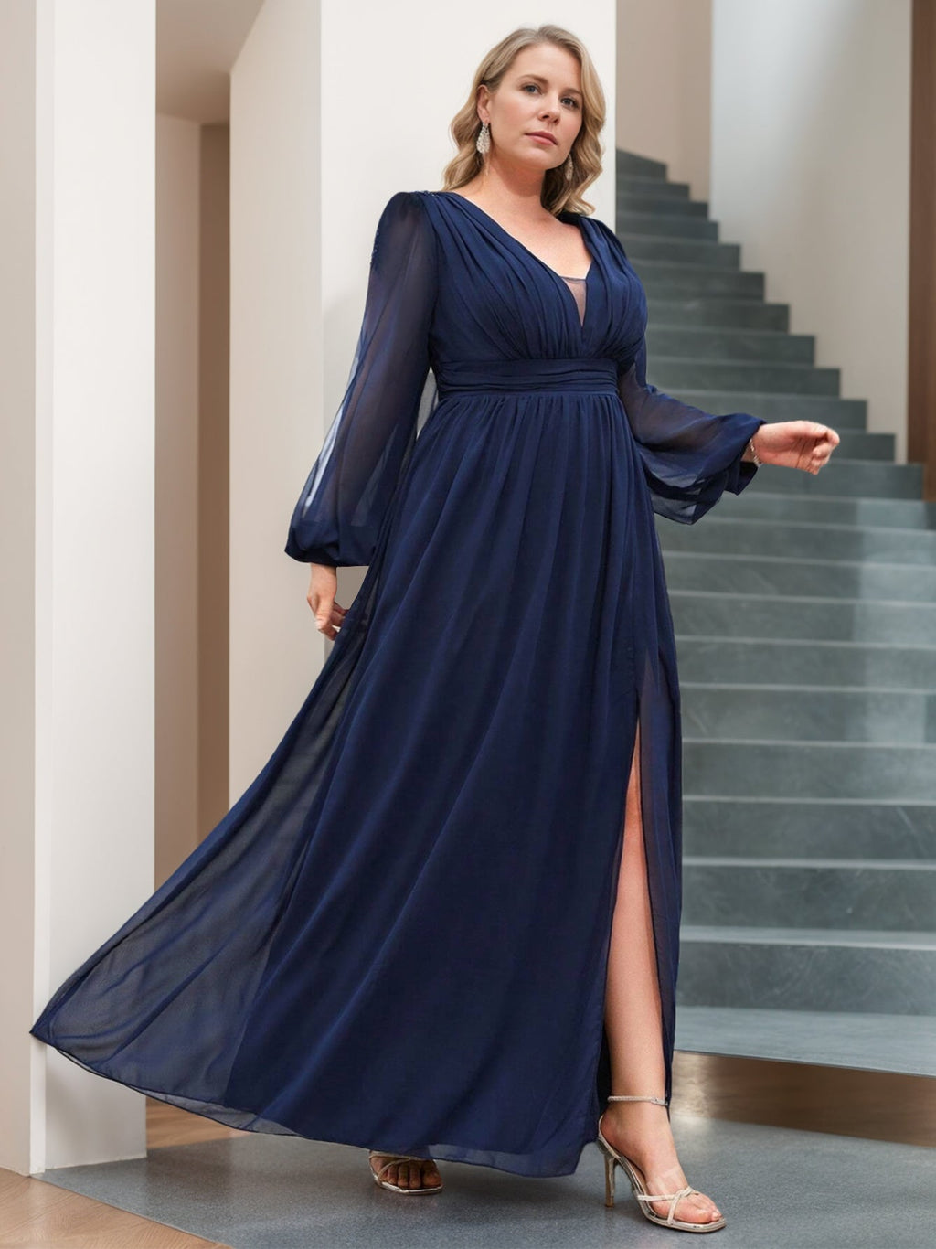 Plus Size Floor Length Mother Of The Bride A Line Dress V Neck Ruffled Sleeves