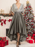 V Neck A Line Princess Mother Of The Bride Dress With Asymmetrical Half Sleeves