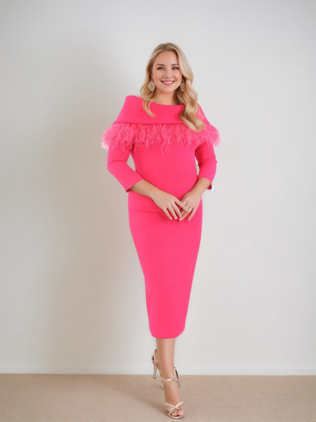 Tea Length Sheath Mother of the Bride Dress with Three Quarter Sleeves Feather