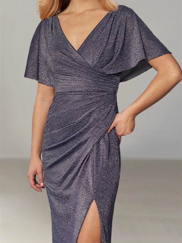 Floor Length Plunging Neck Mother Of The Bride Dress Draped Sleeve Side Split