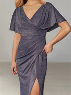 Floor Length Plunging Neck Mother Of The Bride Dress Draped Sleeve Side Split