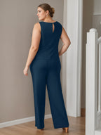 Plus Size Chiffon 3 Piece Pantsuit With Scoop Neck Floor Length Jacket Pockets