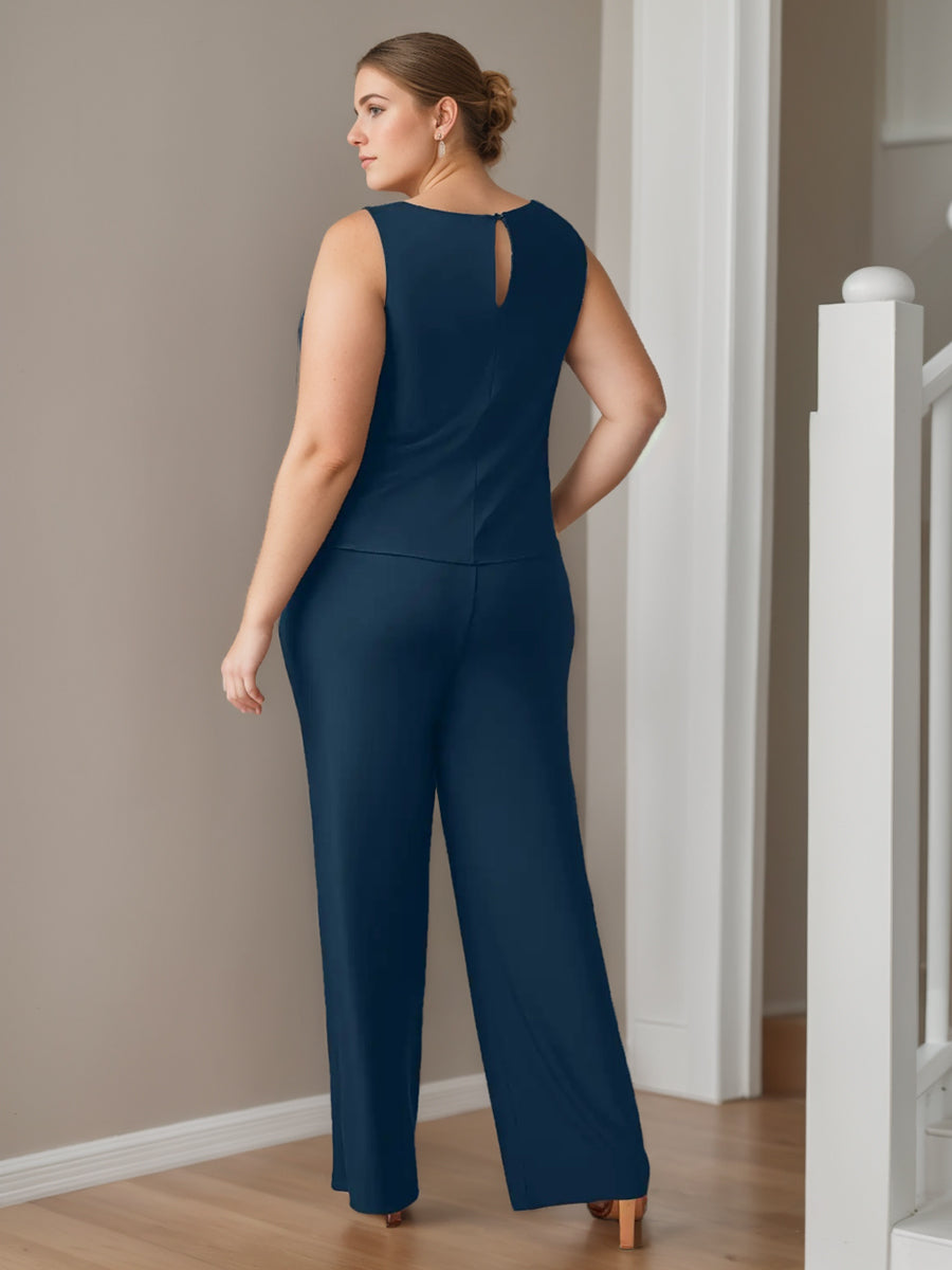 Plus Size Chiffon 3 Piece Pantsuit With Scoop Neck Floor Length Jacket Pockets