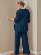 Plus Size Chiffon 3 Piece Pantsuit With Scoop Neck Floor Length Jacket Pockets