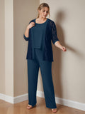 Plus Size Chiffon 3 Piece Pantsuit With Scoop Neck Floor Length Jacket Pockets