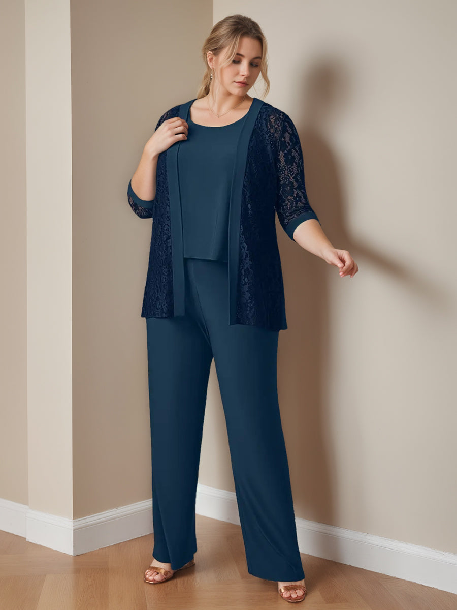 Plus Size Chiffon 3 Piece Pantsuit With Scoop Neck Floor Length Jacket Pockets
