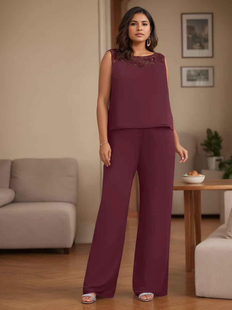 Plus Size Chiffon 3 Piece Pantsuit With Beaded Jacket For Mother Of The Bride