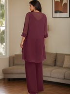 Plus Size Chiffon 3 Piece Pantsuit With Beaded Jacket For Mother Of The Bride