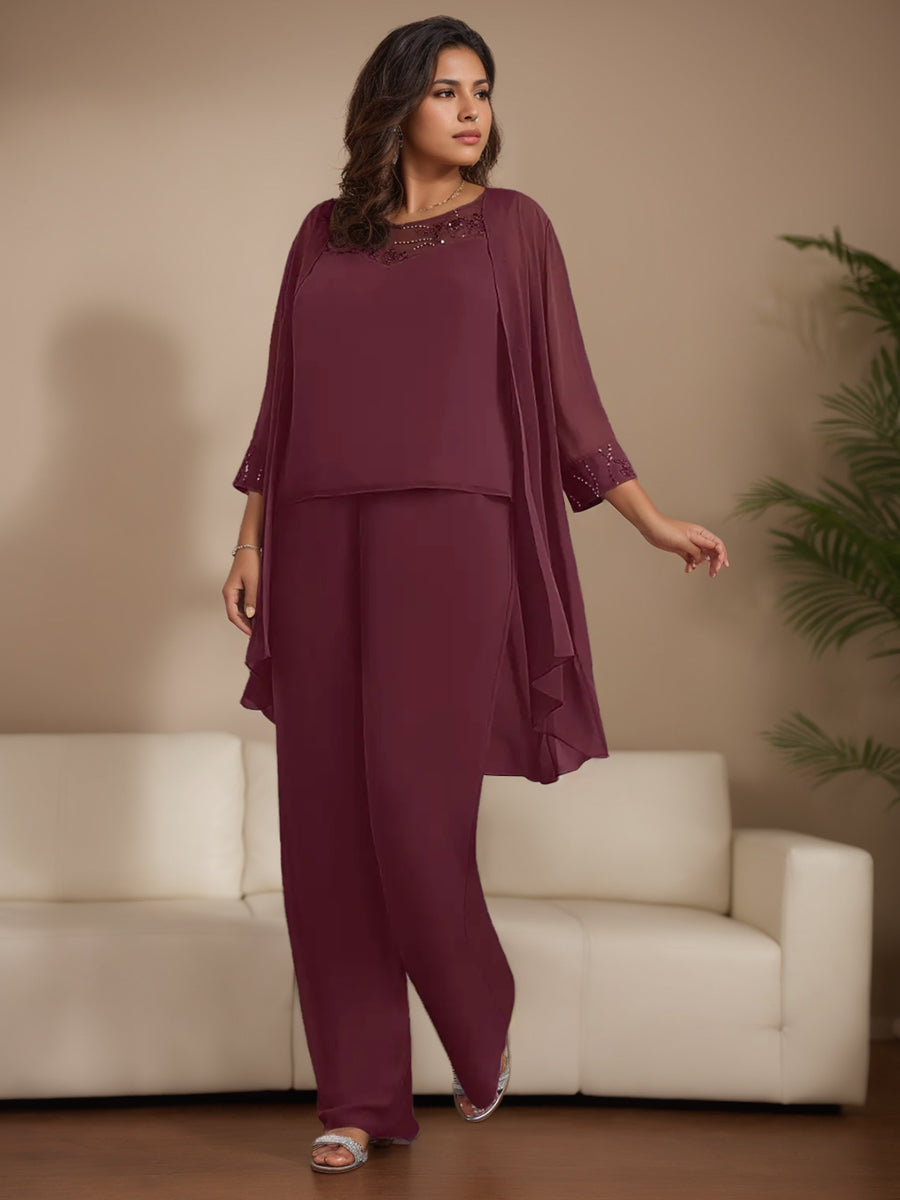 Plus Size Chiffon 3 Piece Pantsuit With Beaded Jacket For Mother Of The Bride