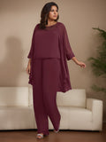 Plus Size Chiffon 3 Piece Pantsuit With Beaded Jacket For Mother Of The Bride