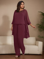 Plus Size Chiffon 3 Piece Pantsuit With Beaded Jacket For Mother Of The Bride