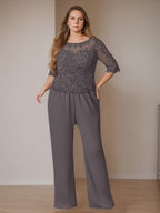 Plus Size Floor Length Chiffon Pantsuits With Jacket 3 Piece Set Scoop Neck