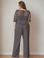 Plus Size Floor Length Chiffon Pantsuits With Jacket 3 Piece Set Scoop Neck