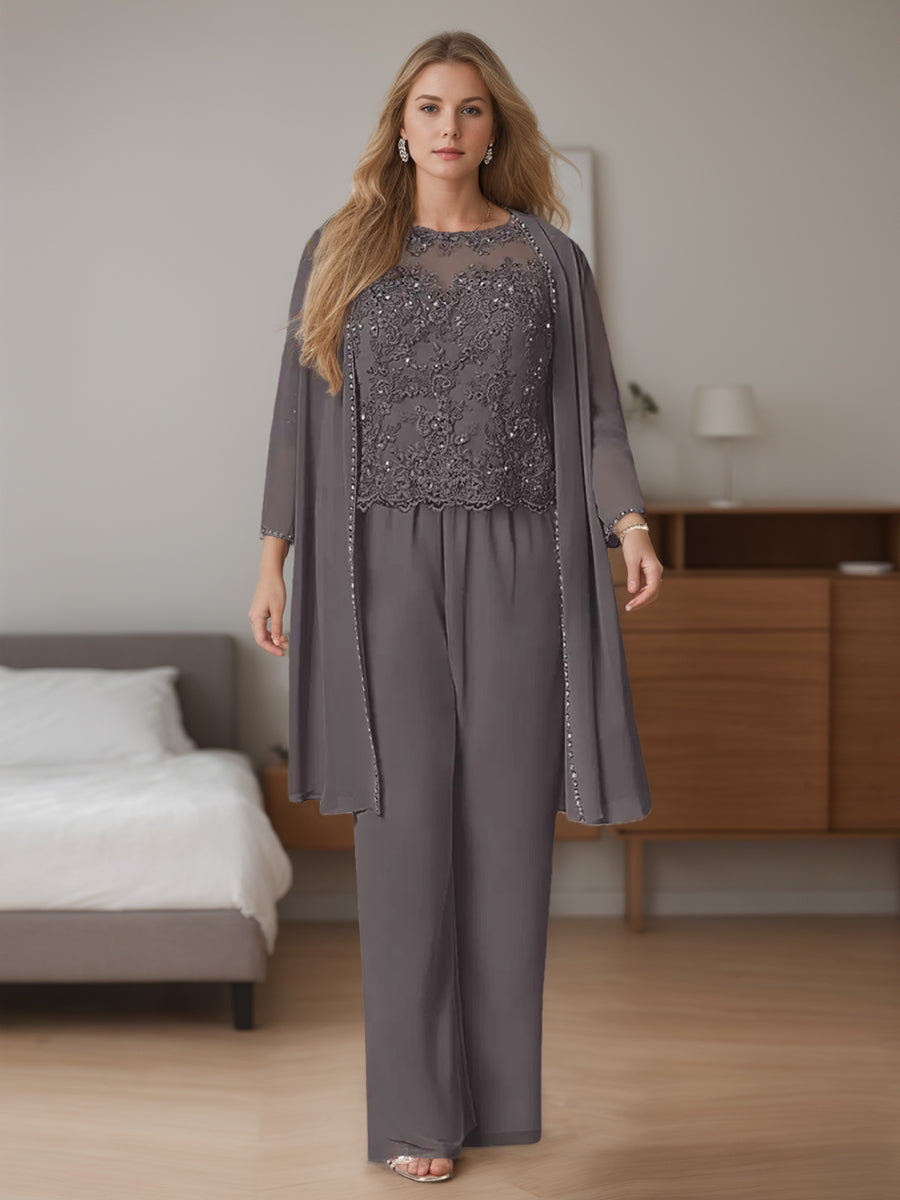 Plus Size Floor Length Chiffon Pantsuits With Jacket 3 Piece Set Scoop Neck