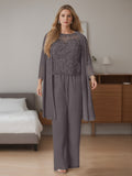 Plus Size Floor Length Chiffon Pantsuits With Jacket 3 Piece Set Scoop Neck