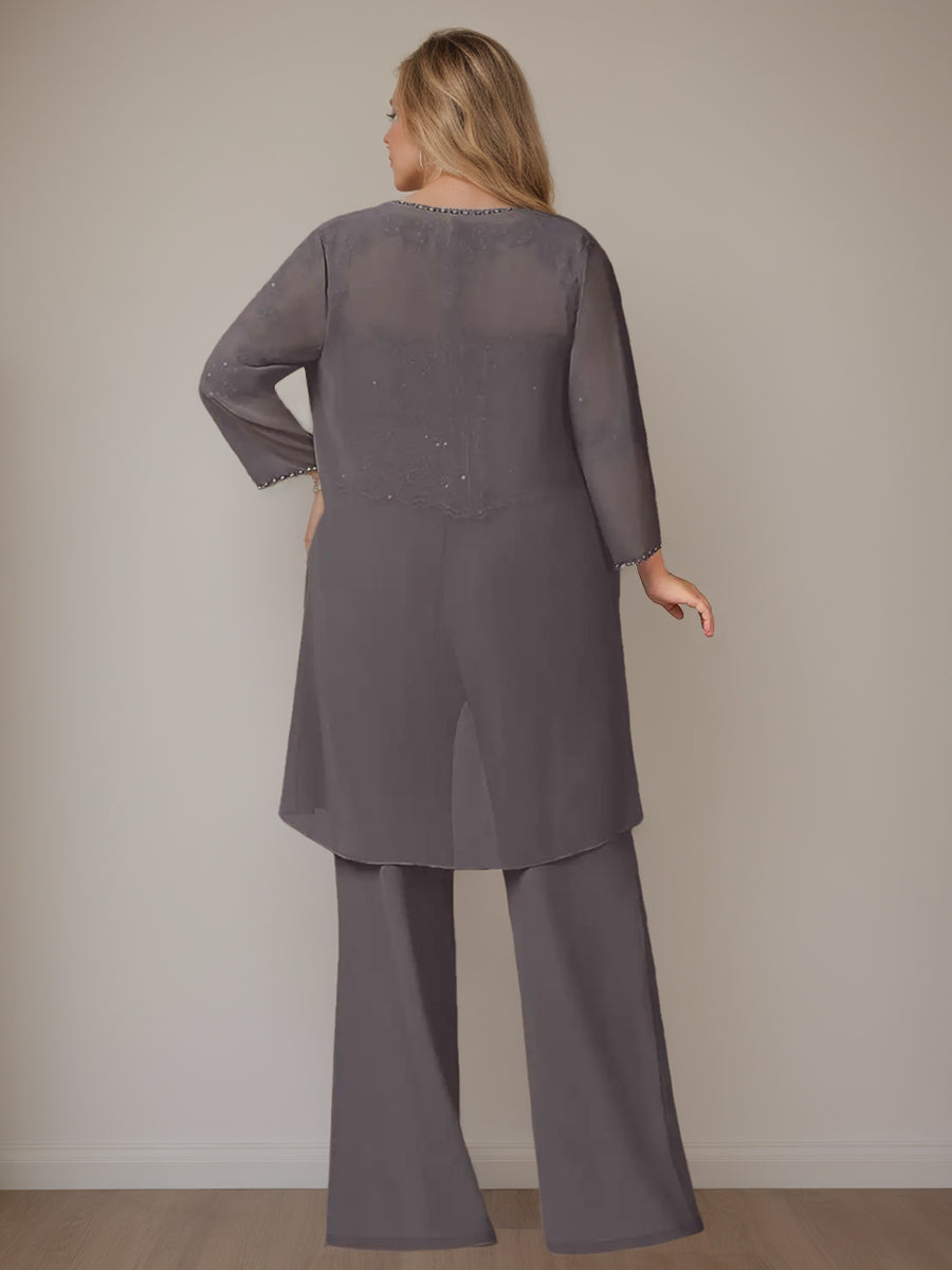 Plus Size Floor Length Chiffon Pantsuits With Jacket 3 Piece Set Scoop Neck