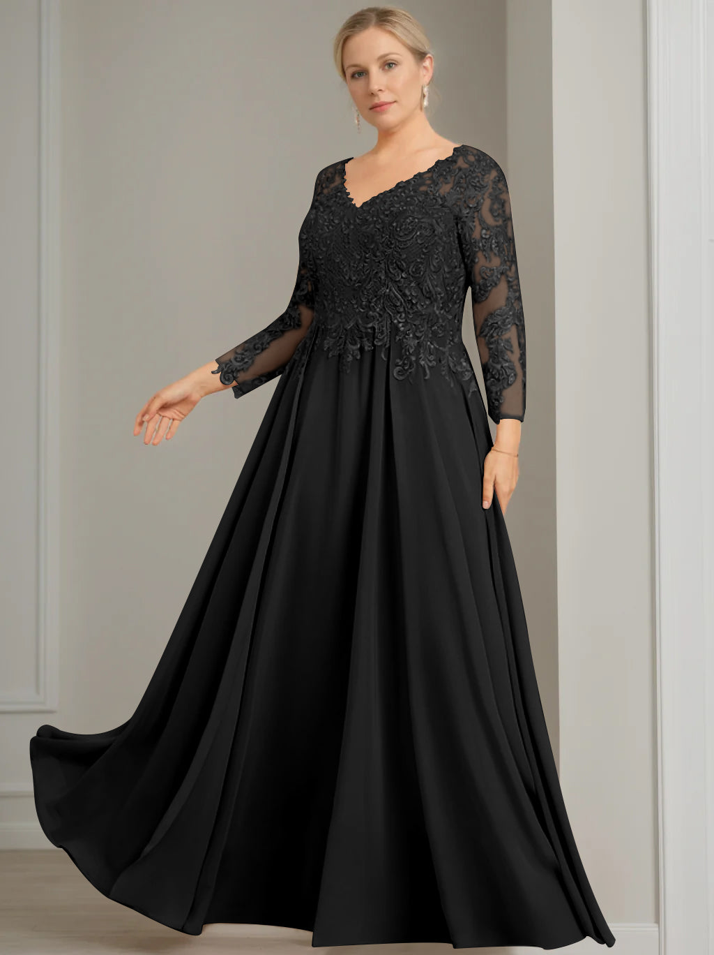 V Neck Dress With Three Quarter Sleeves Sequins Plus Size Mother Of The Bride
