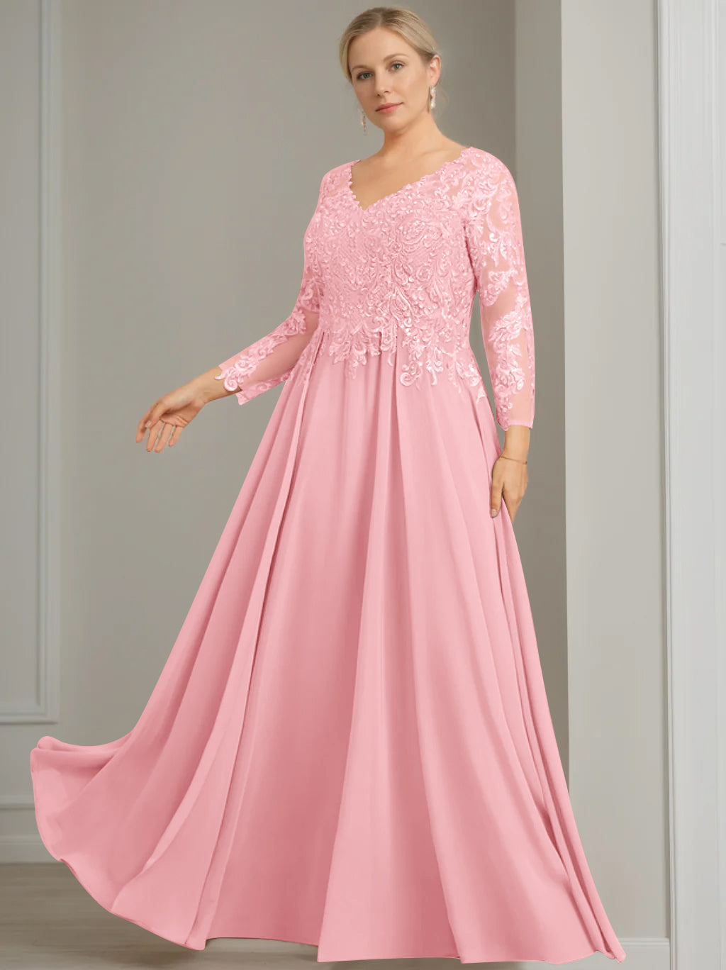 V Neck Dress With Three Quarter Sleeves Sequins Plus Size Mother Of The Bride