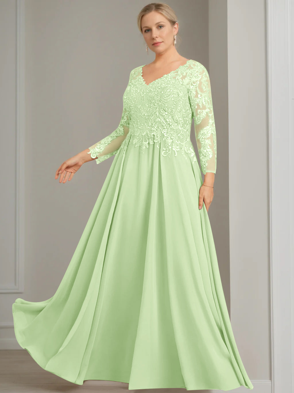 V Neck Dress With Three Quarter Sleeves Sequins Plus Size Mother Of The Bride