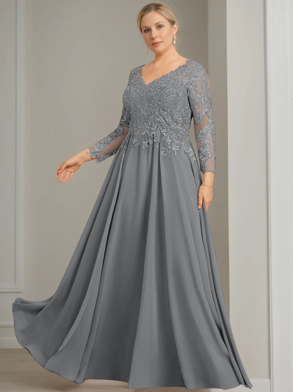 V Neck Dress With Three Quarter Sleeves Sequins Plus Size Mother Of The Bride