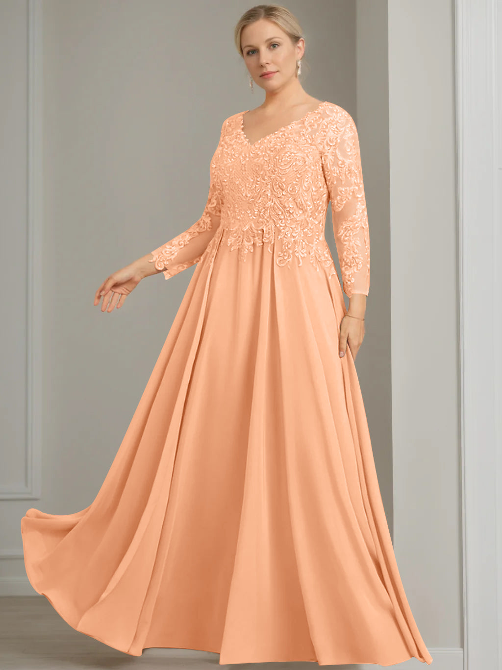 V Neck Dress With Three Quarter Sleeves Sequins Plus Size Mother Of The Bride