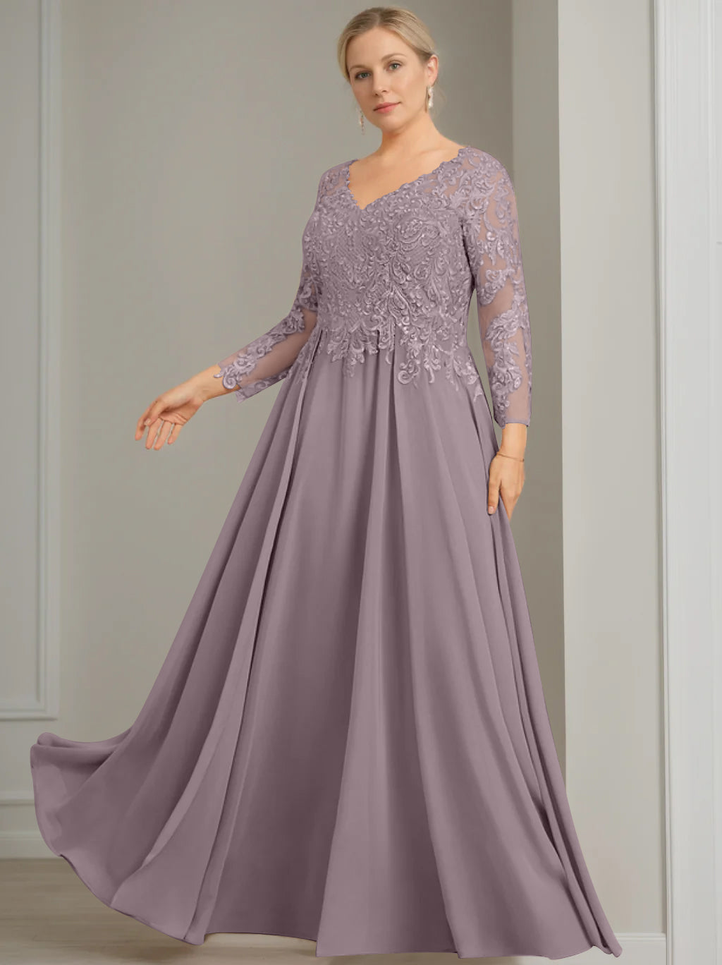 V Neck Dress With Three Quarter Sleeves Sequins Plus Size Mother Of The Bride