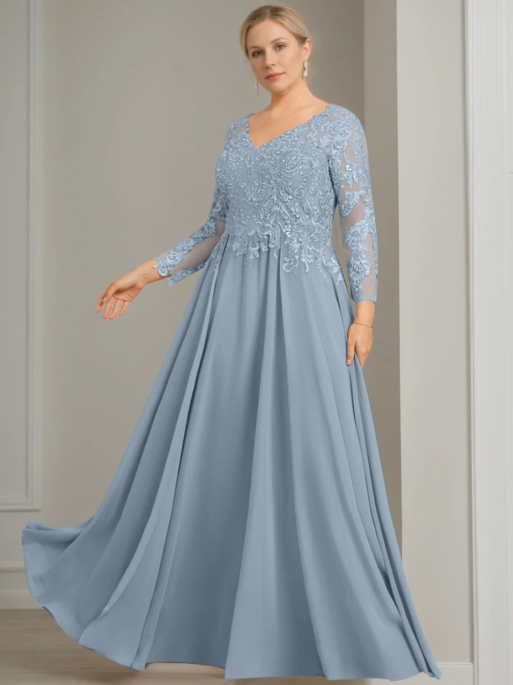 V Neck Dress With Three Quarter Sleeves Sequins Plus Size Mother Of The Bride