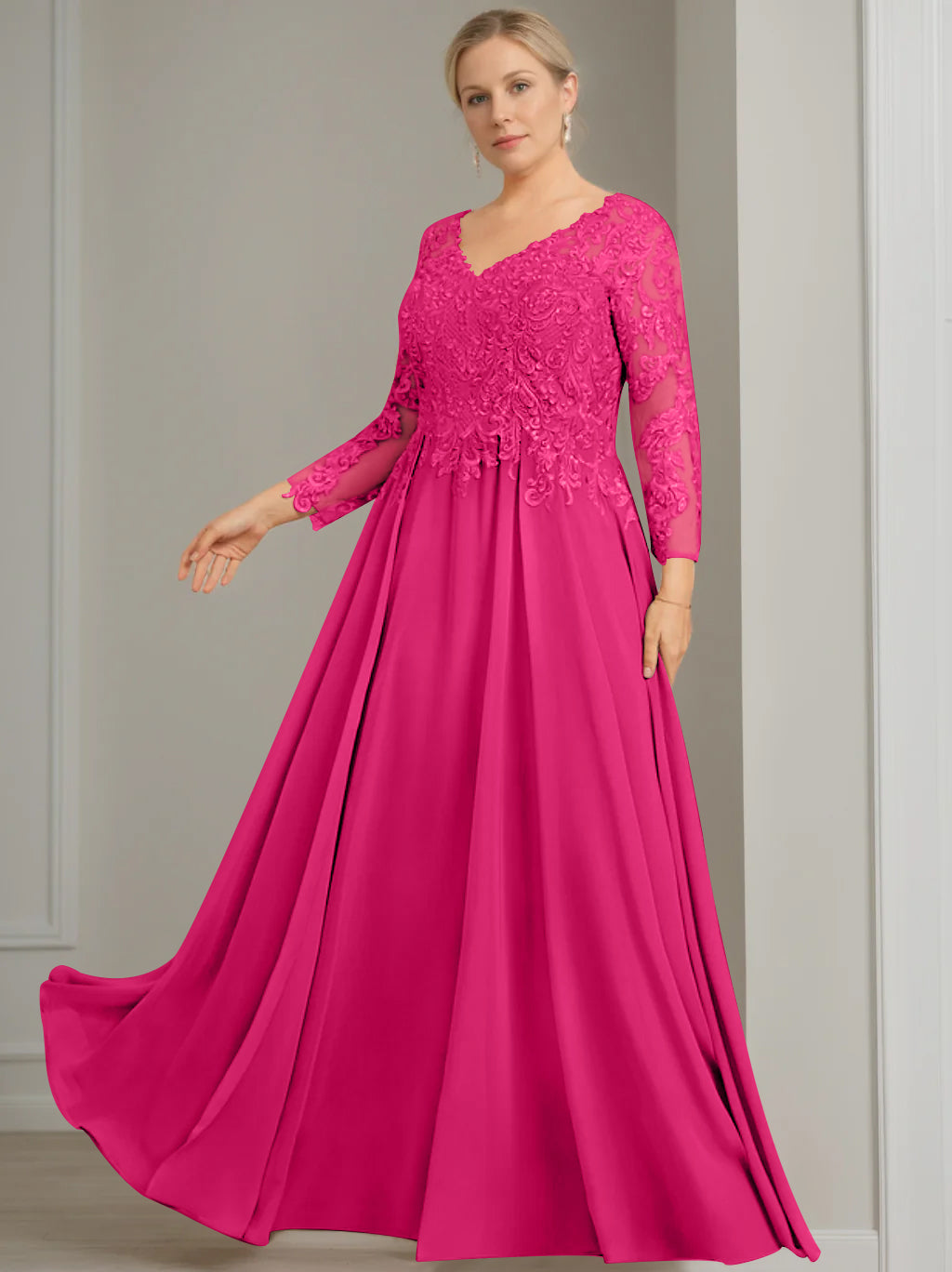 V Neck Dress With Three Quarter Sleeves Sequins Plus Size Mother Of The Bride