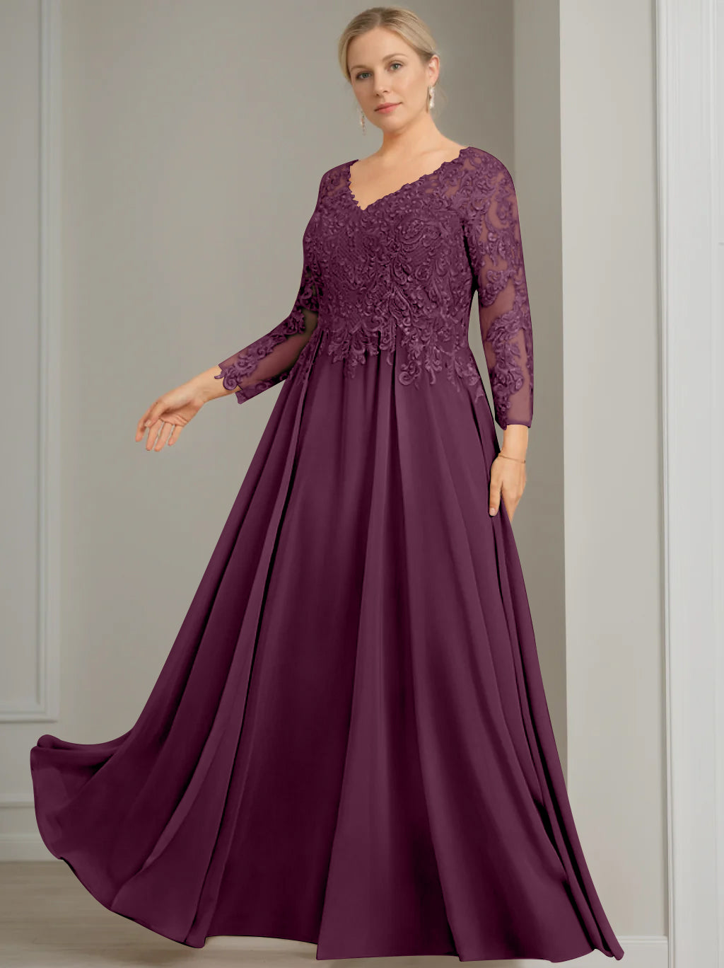 V Neck Dress With Three Quarter Sleeves Sequins Plus Size Mother Of The Bride