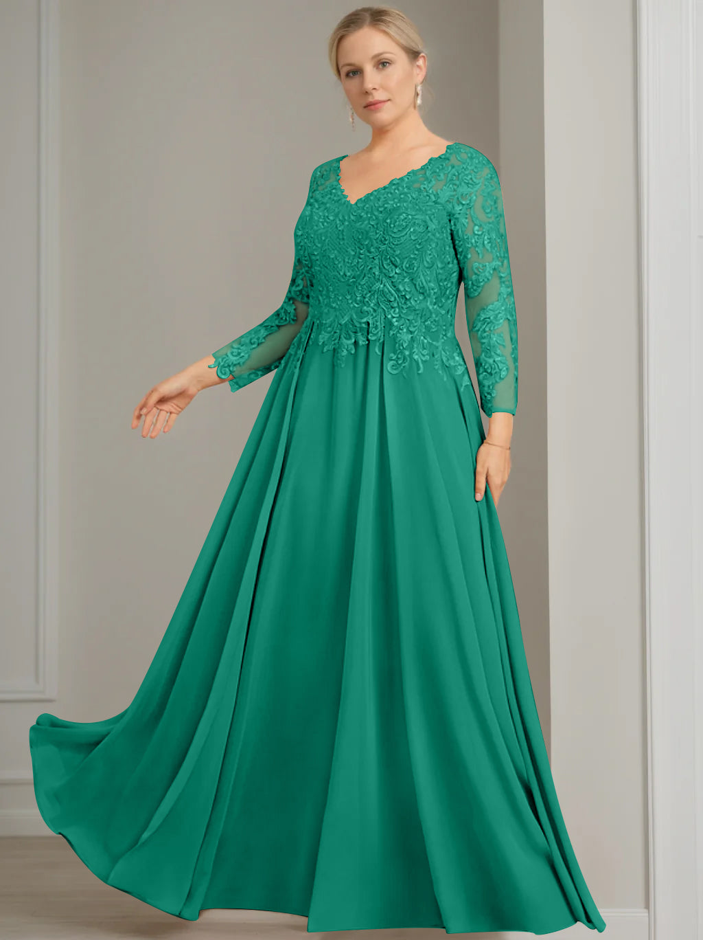 V Neck Dress With Three Quarter Sleeves Sequins Plus Size Mother Of The Bride